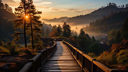 An elegant bridge that meets the dawn among the mountains, as if welcoming a new da - obrazy, fototapety, plakaty