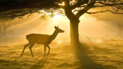  a deer standing next to a tree with the sun shining through the trees on a foggy, sunny day.