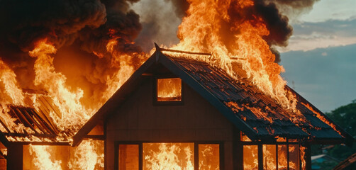a burning typical Asian or Thai simple single-family house, fire and flames, burning, dark night and bright fire, the house is burning down, burning ablaze