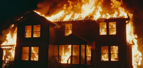 a burning typical American simple single-family house, fire and flames, burning, dark night and bright fire, the house is burning down, burning ablaze