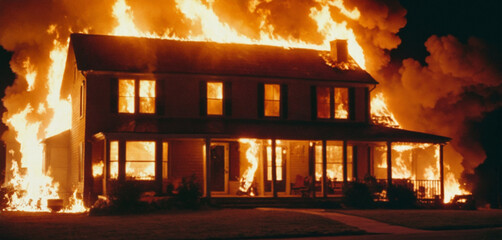 a burning typical American simple single-family house, fire and flames, burning, dark night and bright fire, the house is burning down, burning ablaze