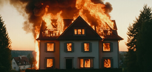 a burning typical German or European simple single-family house, fire and flames, burning, dark night and bright fire, the house is burning down, burning ablaze