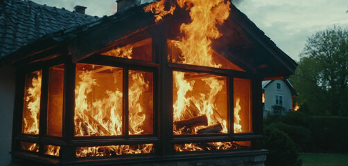a burning typical German or European simple single-family house, fire and flames, burning, dark night and bright fire, the house is burning down, burning ablaze