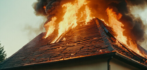a burning roof or attic, a burning typical German or European simple single-family house, fire and flames, burning, dark night and bright fire, the house is burning down, burning ablaze
