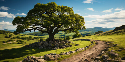 A noble oak, with a wise look, like an elder among other tre - obrazy, fototapety, plakaty