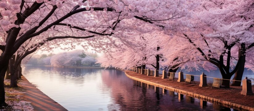 A bridge spans over a serene river, bordered by cherry blossom trees in full bloom. The natural landscape is enhanced by the delicate pink petals falling onto the water below