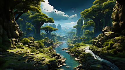 Legendary jungle with powerful giant trees and mystical creatures, like a world from folklore - obrazy, fototapety, plakaty