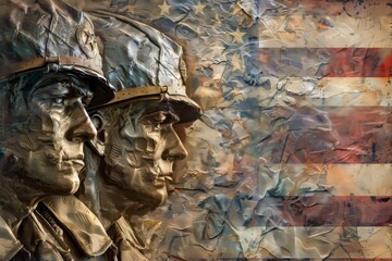Artistic depiction of soldiers' faces blended with the american flag