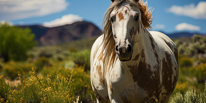The affectionate, warm eyes of the wild horse, full of freedoms and wild bea