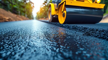 Vibrant yellow road roller paving and compacting fresh asphalt on a newly built road