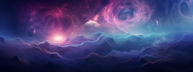 Ethereal Cosmic Landscape with Swirling Nebula and Mountains - obrazy, fototapety, plakaty