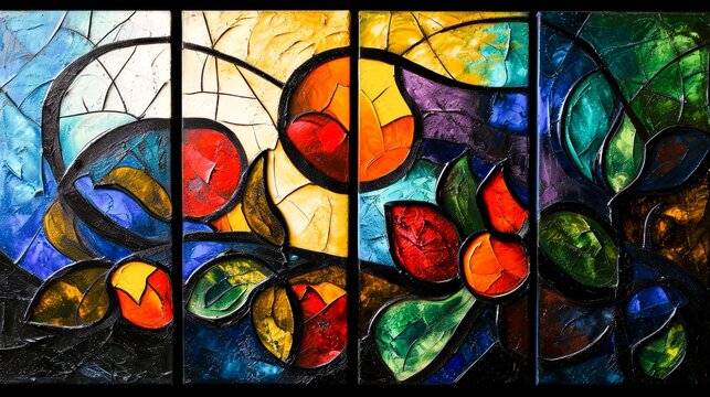 Painting depicting a colorful stained glass window with leaves and flowers