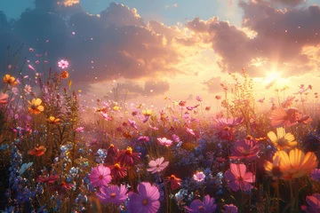 Meubelstickers A field of wildflowers sways gently in the breeze, a kaleidoscope of colors painting the landscape in hues of pink, purple, and gold. Concept of untamed beauty and natural diversity. Generative Ai. © Sebastian