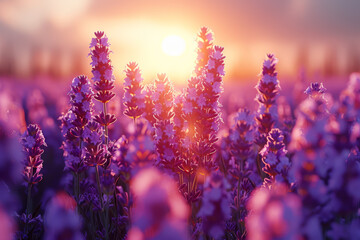 Obraz premium A cluster of fragrant lavender blooms in a sun-kissed meadow, their soothing scent perfuming the air with tranquility. Concept of aromatic serenity and herbal healing. Generative Ai.