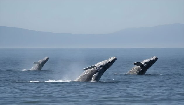 A Family Of Gray Whales Migrating Along The Coast