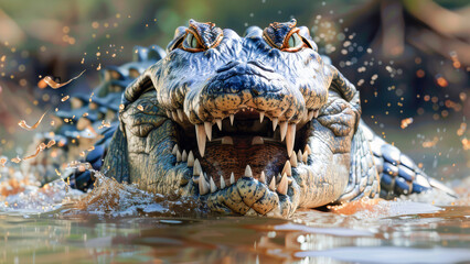 A crocodile in water with rugged texture of its skin, sharp gleam of its teeth and an intense gaze staring directly into the camera - obrazy, fototapety, plakaty