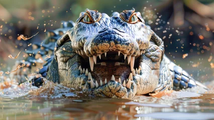 Foto auf Alu-Dibond A crocodile in water with rugged texture of its skin, sharp gleam of its teeth and an intense gaze staring directly into the camera © Focalfinder