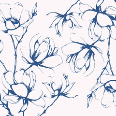 Magnolia tree branch spring flowers, abstract floral sketch art - 767492160