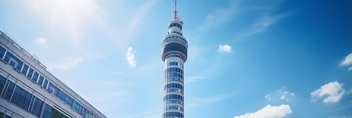 An Iconic View of the BT Tower Amid the Bustling London Skyline Under Clear Blue Sky