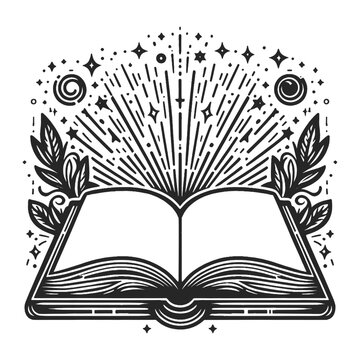 open book with whimsical floral patterns emerging from the pages. Sketch engraving generative ai vector illustration. Scratch board imitation. Black and white image.