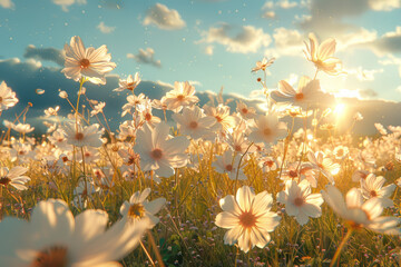 A profusion of delicate cosmos blooms in a sun-drenched meadow, their dainty petals fluttering in...