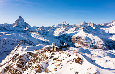 Swiss Alps landscapes with Matterhorn mount in Switzerland, observatory at 3,120 meters above sea level at Gornergrat - obrazy, fototapety, plakaty