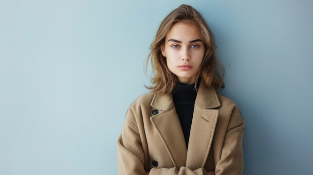 Minimalist Portrait of a Woman in a Chic Camel Coat - Powered by Adobe