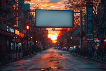 An electric blue sunset illuminates an empty city street with a billboard in the foreground,...