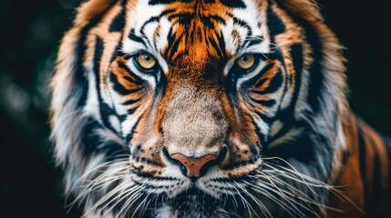  a close up of a tiger's face with a blurry look on it's face and chest.