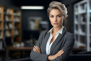 Fototapeta premium portrait of a beautiful young business woman in the office. career growth in studies and business