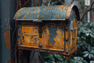 A dented mailbox with its door hanging open, suggesting tampering or theft of mail. Concept of mail theft. Generative Ai. - obrazy, fototapety, plakaty