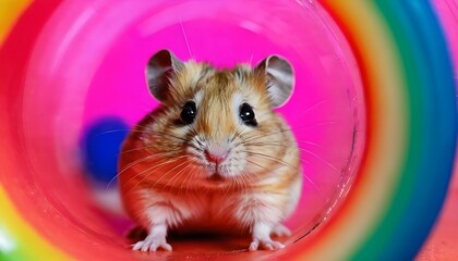 A Hamster Peeking Out From A Colorful Hamster Ball