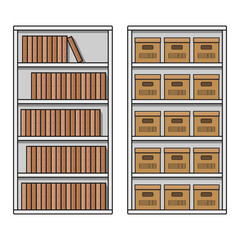 white wooden shelf bookcase storage with books and boxes home furniture vector flat illustration