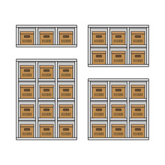 white wooden shelf bookcase storage with boxes home furniture vector flat illustration