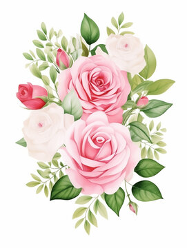 watercolor illustration pink, red, white Rose flower and green leaves. Florist bouquet, International Women's Day, Mother's Day, wedding flowers.rose, watercolor, illustration, yellow, pink, red, whit