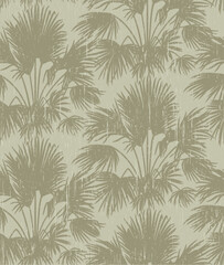 Seamless pattern with silhouettes of palm trees with vintage aged texture. Vector floral background. Delicate gray-green color. - 767493147
