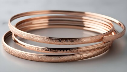 A Stack Of Slim Rose Gold Bangles Engraved With Fl