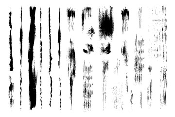 Set with dry brush strokes. Vertical textural lines and strokes. Grain texture. Handmade. Black and white.