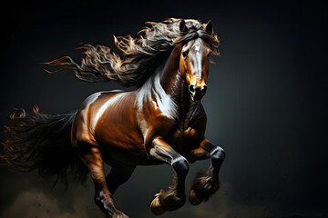 purebred muscular horse jumps on a dark background. mammal. biology and fauna.