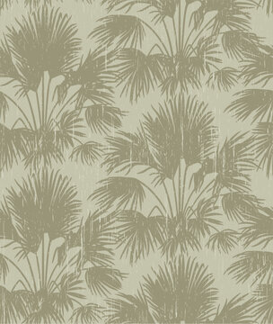 Seamless pattern with silhouettes of palm trees with vintage aged texture. Vector floral background. Delicate gray-green color.