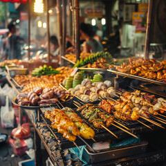 Savory Street Food Delights at a Bustling Market Scene