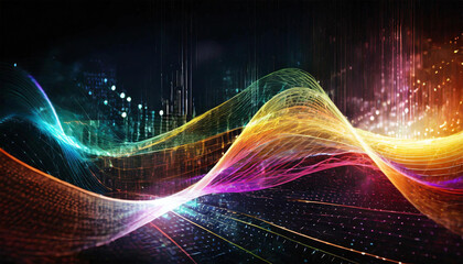 Abstract colorful digital futuristic waves on dark background, illustration.