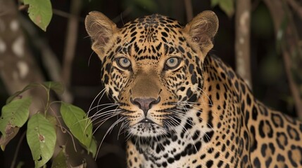  a close up of a leopard on a tree branch with leaves in the foreground and a blurry background.