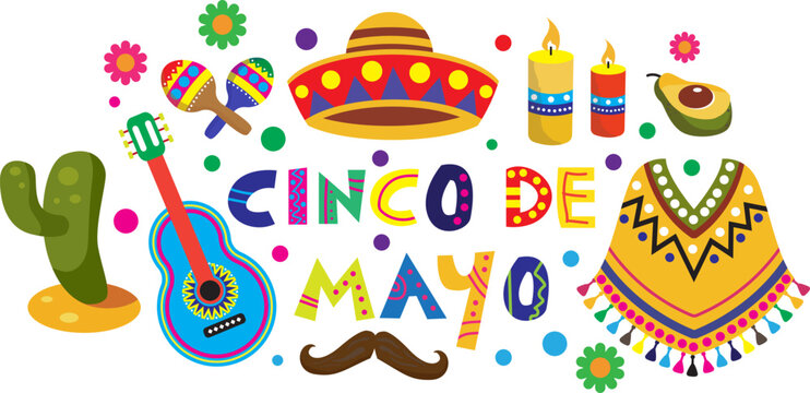 Mexico illustration. Mexican pattern. Vector illustration with design for the Mexican holiday May 5 Cinco De Mayo. Vector template with Mexican symbols: Mexican guitar, flower,hat,candle