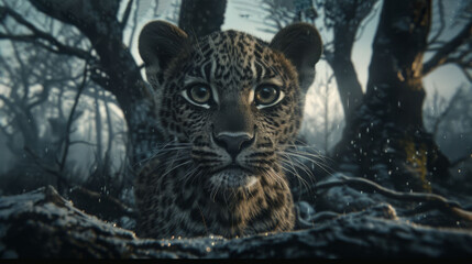 Fototapeta premium a close up of a cheetah in front of a tree with snow falling on it's branches.