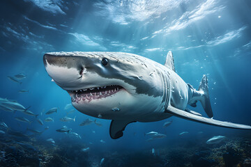 Fototapeta premium swimming white shark in the ocean. sea ​​life