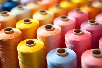 set of colored sewing threads in spools for textile and clothing production. textile industry. tailoring.