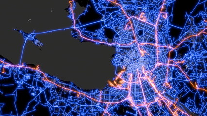 The street map of Saint Petersburg (Russia) consists of blue glowing neon lines on a black background. Top view of the city center with the road network. The border of water and land. - obrazy, fototapety, plakaty
