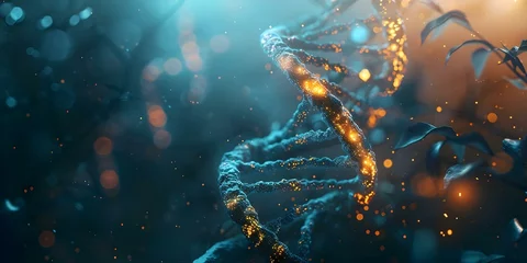 Fotobehang Exploring Genetic Mutations and Disorders Through a Closeup of a D DNA Double Helix Structure. Concept Genetics, DNA Structure, Mutations, Genetic Disorders, Closeup Analysis © Ян Заболотний