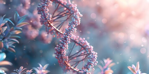 Closeup of a 3D DNA double helix structure with a blurred background. Concept Closeup Shot, DNA Double-Helix, 3D Structure, Blurred Background - obrazy, fototapety, plakaty